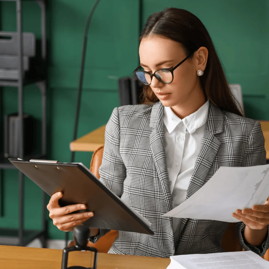 Abogada con gafas y traje de cuadros revisando documentos legales en su escritorio, trabajando en ampliación de capital online.