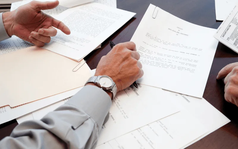 Varias manos revisando y comentando documentos legales sobre el certificado de últimas voluntades online