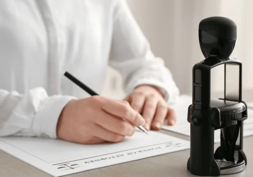 Mujer firmando un documento con sello notarial en su escritorio, asegurando la validez de las pólizas mercantiles online.